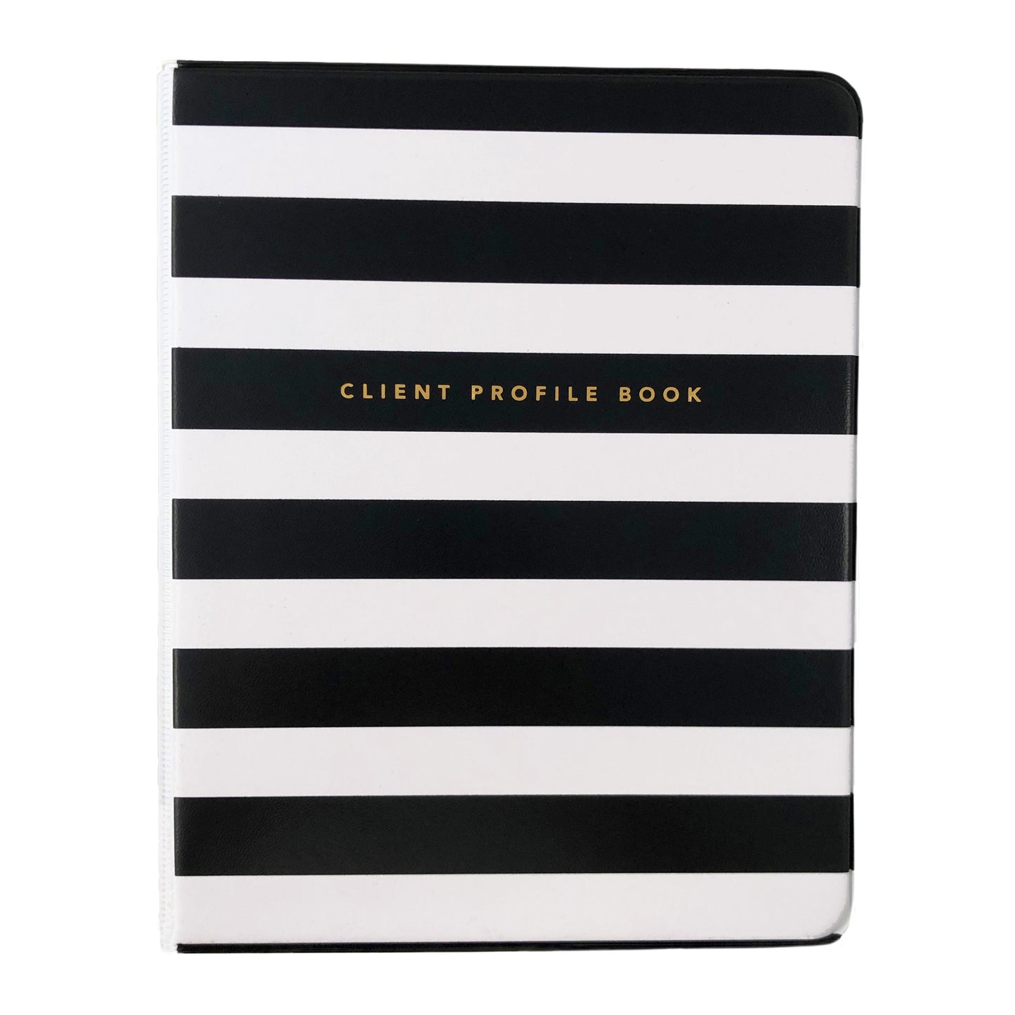 Front view of black and white striped salon client profile book