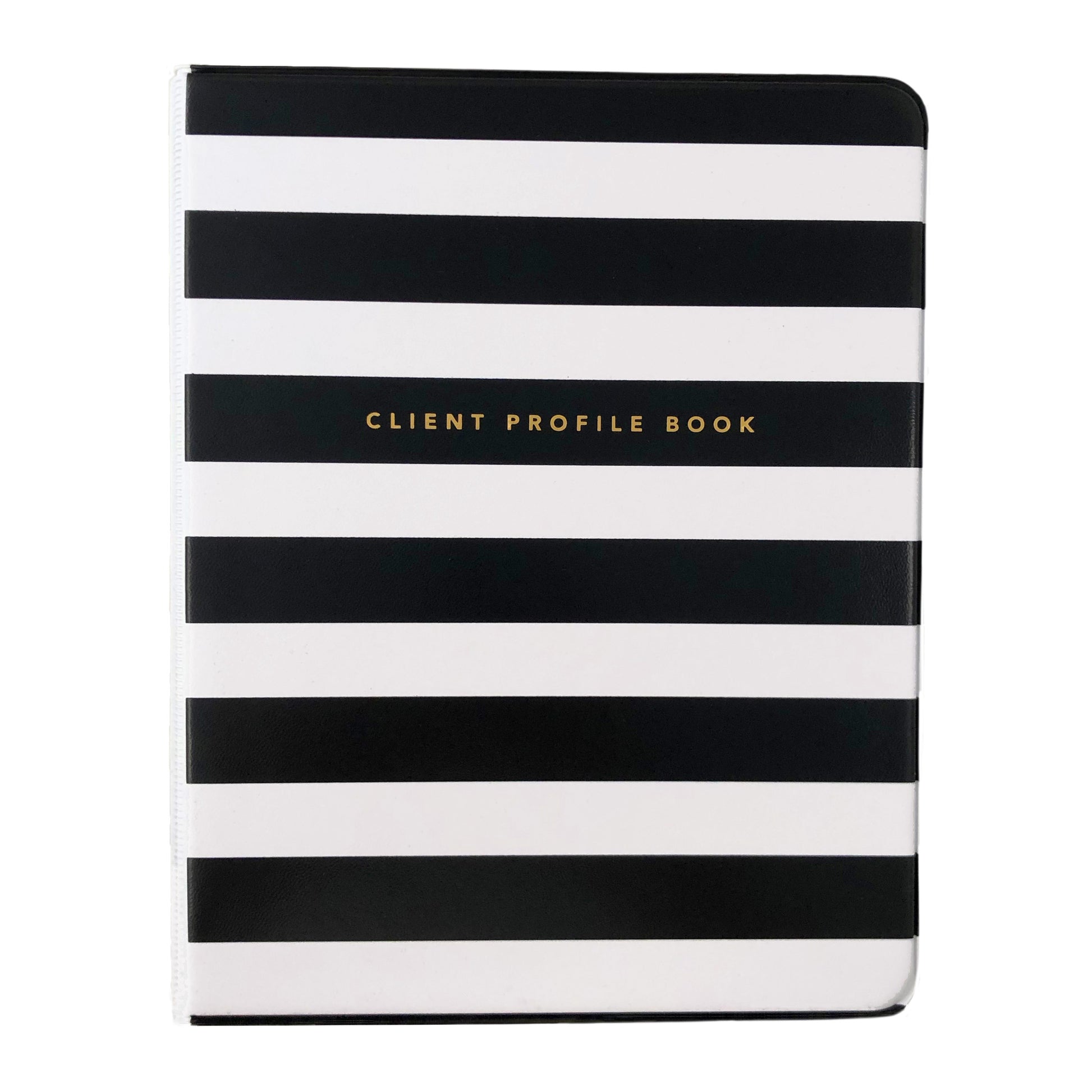 Front view of black and white striped salon client profile book