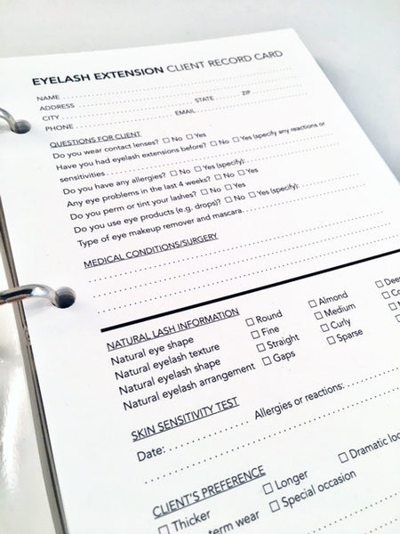 Eyelash extension client record card in binder