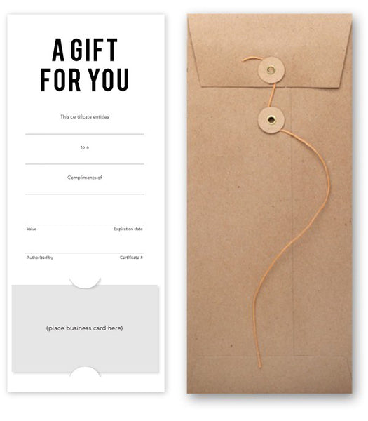 Vertical salon gift certificate with button and string envelope