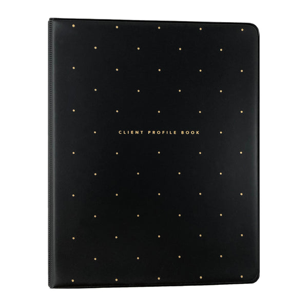 Front view of black salon client profile book with gold polkadots.
