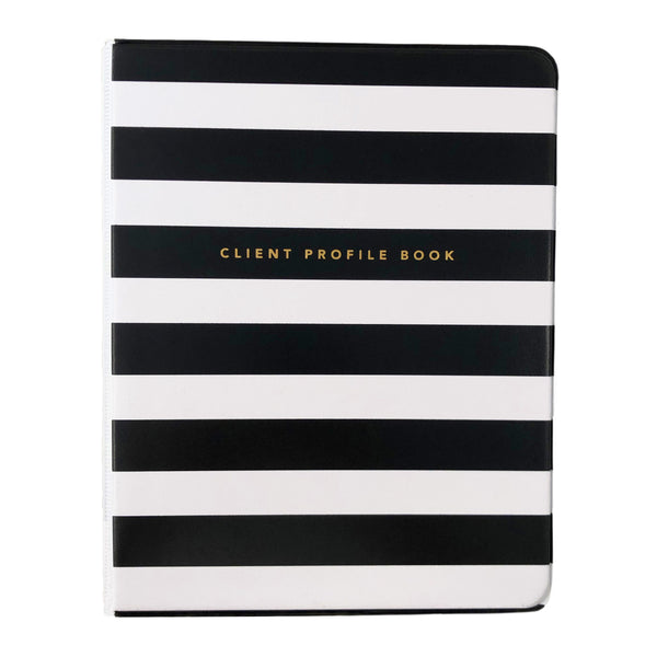 Front view of black and white striped salon client profile book 