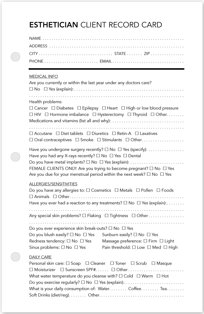 Esthetician Client Profile Cards - front