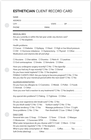 Esthetician Client Profile Cards - front