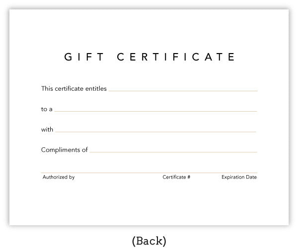 Black and gold salon gift certificate - BACK, this certificate entitles, to a, with, compliments of, authorized by, certificate number, expiration date