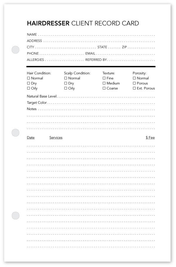 Hairdresser Client Profile Cards - front
