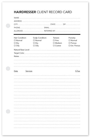 Hairdresser Client Profile Cards - front