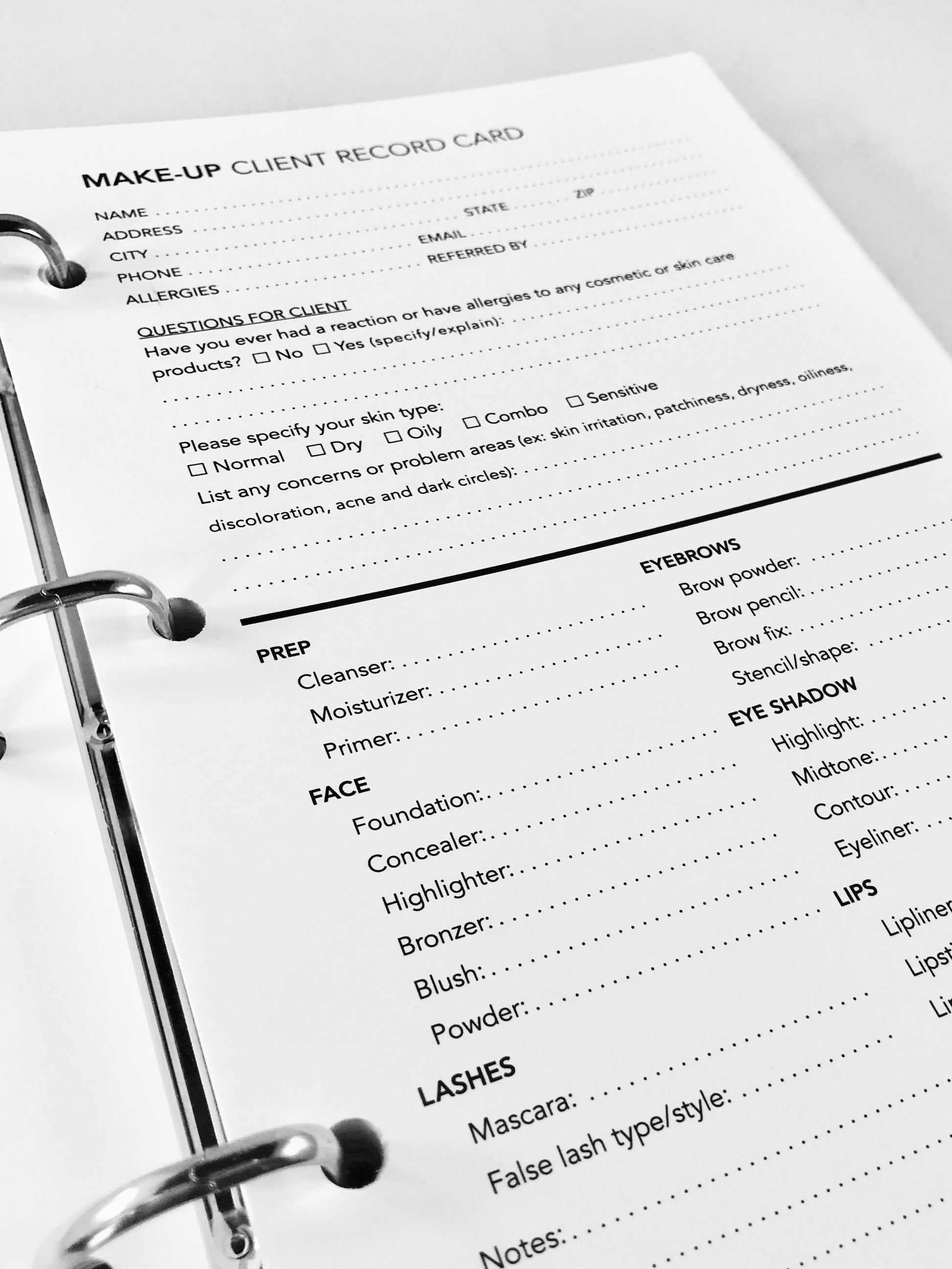 Make-Up Client Profile Cards in binder