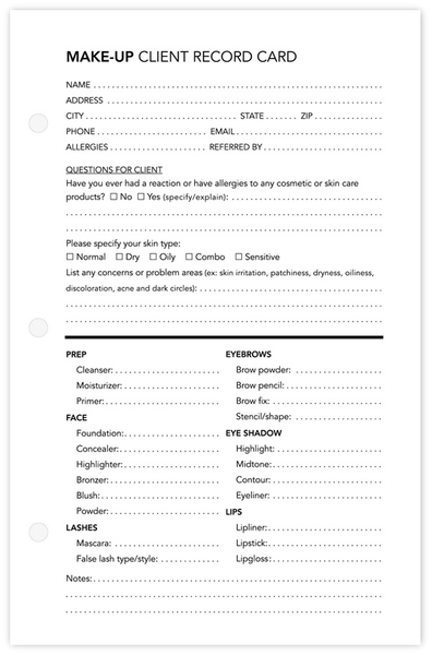 Make-Up Client Profile Cards - front