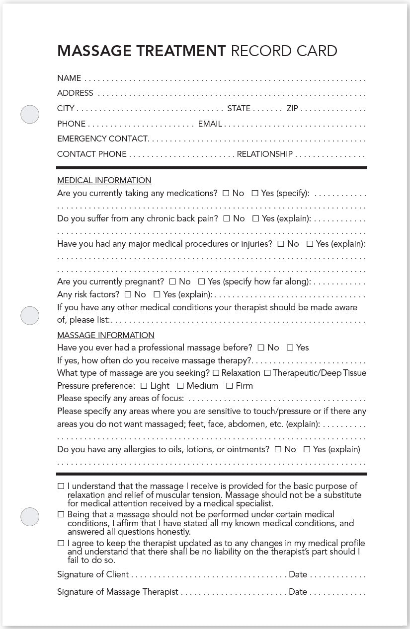 Client Record Cards - Massage Treatment