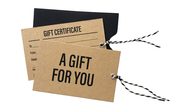 Small kraft salon gift certificate with black sleeve and black and white twine